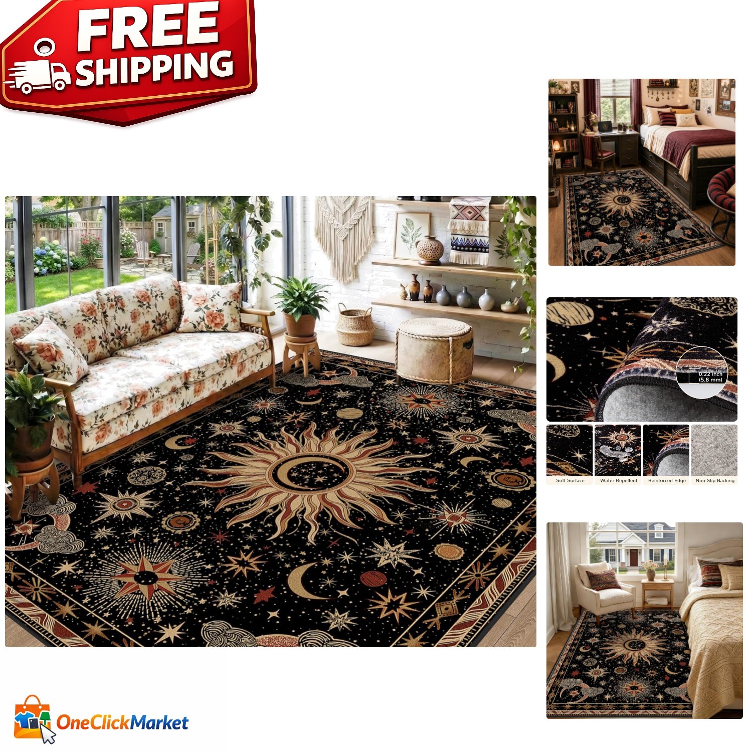 Soft Polyester 5×7 Area Rug – Stylish Black Gold Beige Red for High-Traffic
