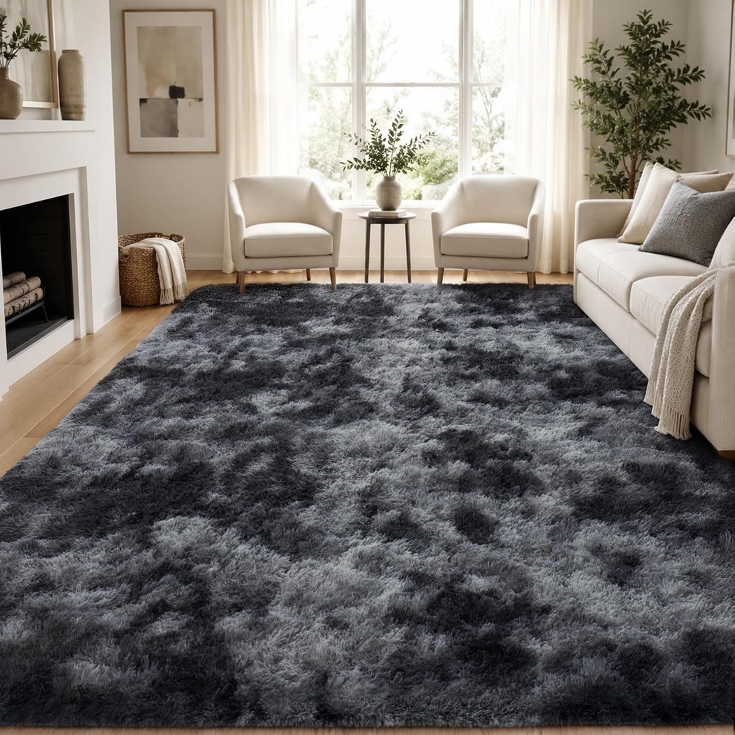 Fluffy Area Rug Large Soft Shaggy Dark Grey Carpet for Living Room Bedroom Floor