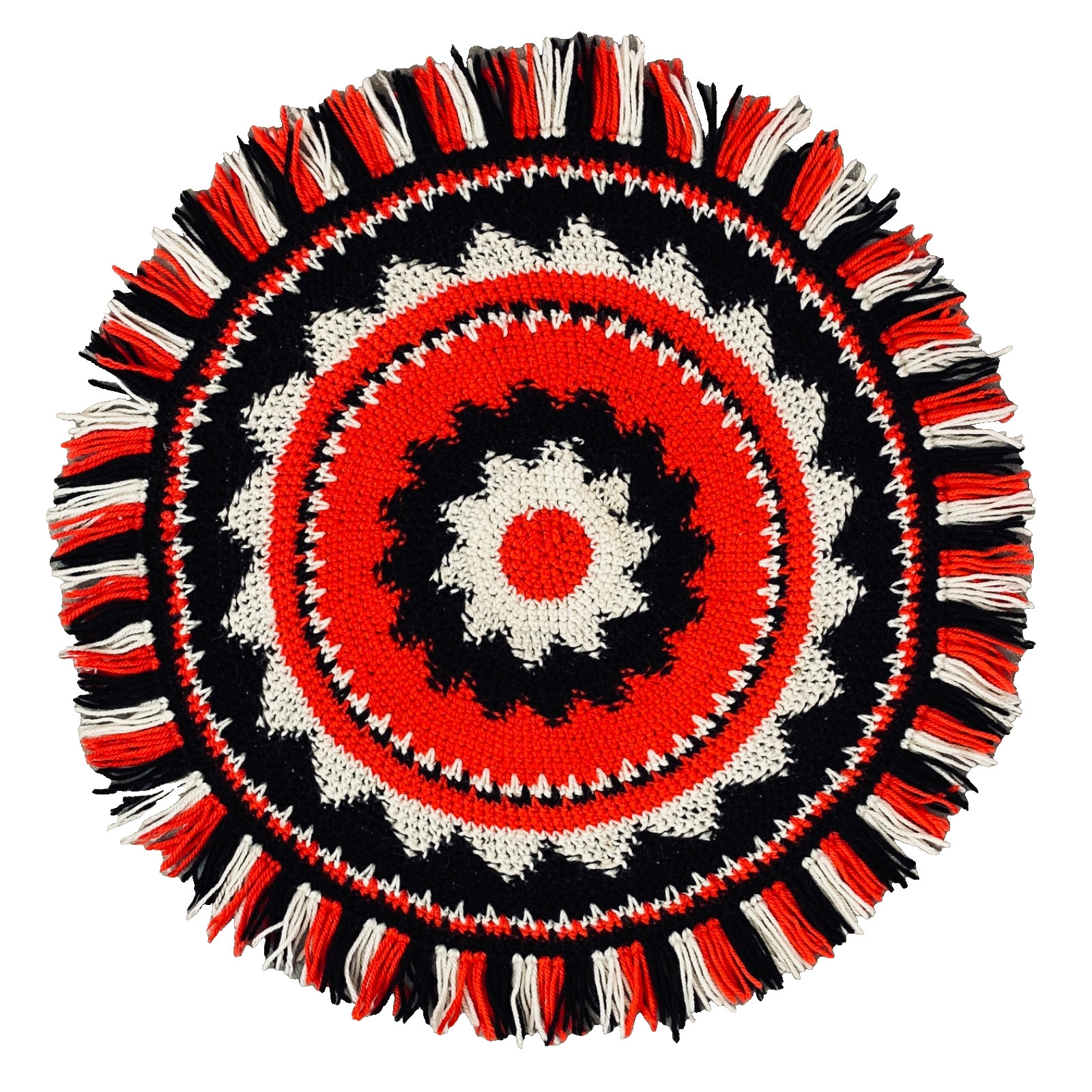 Vintage 1970s small round crochet rug red black white fringe boho 34″ handmade