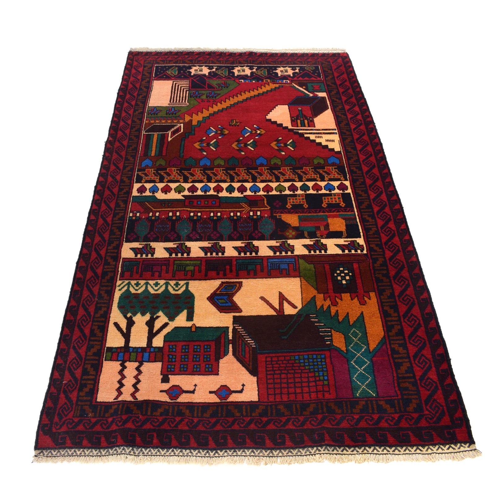 Pictorial Hand Knotted Tribal Pictorial Village Scenery Wool Rug 3’9×6’7ft 11659