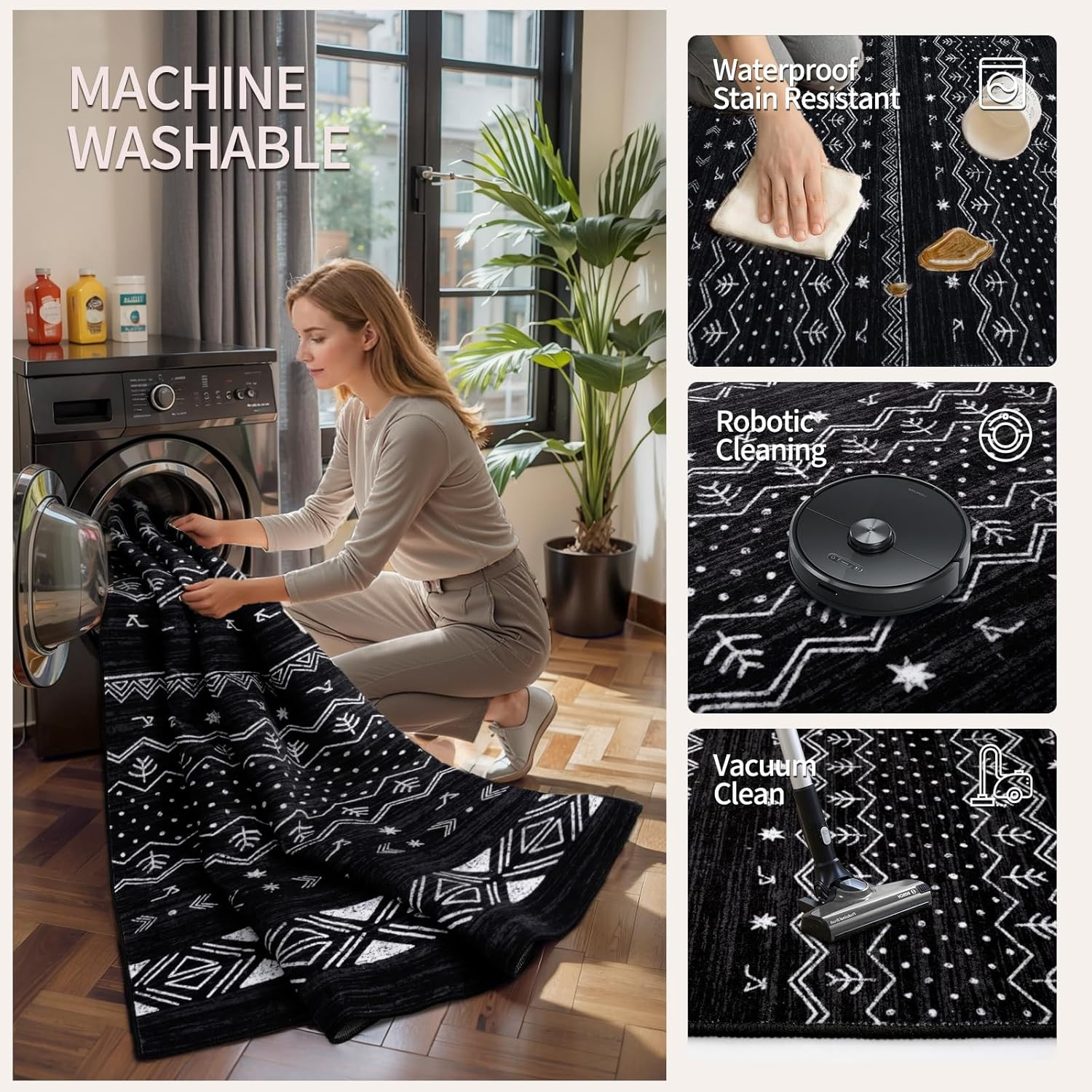 Boho 6×9 Area Rug – Washable Non-Slip Black & White Geometric Carpet