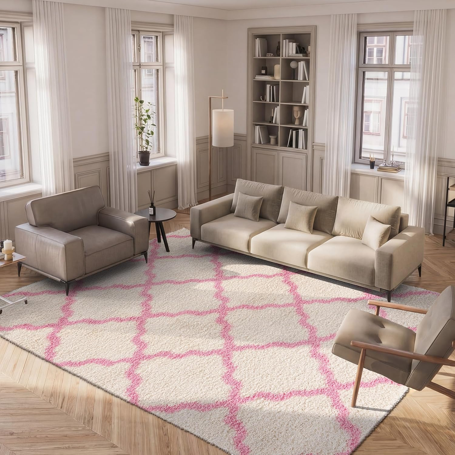 Dallas Shag Collection Area Rug – 6′ X 9′, Ivory & Light Pink, Trellis Design, N