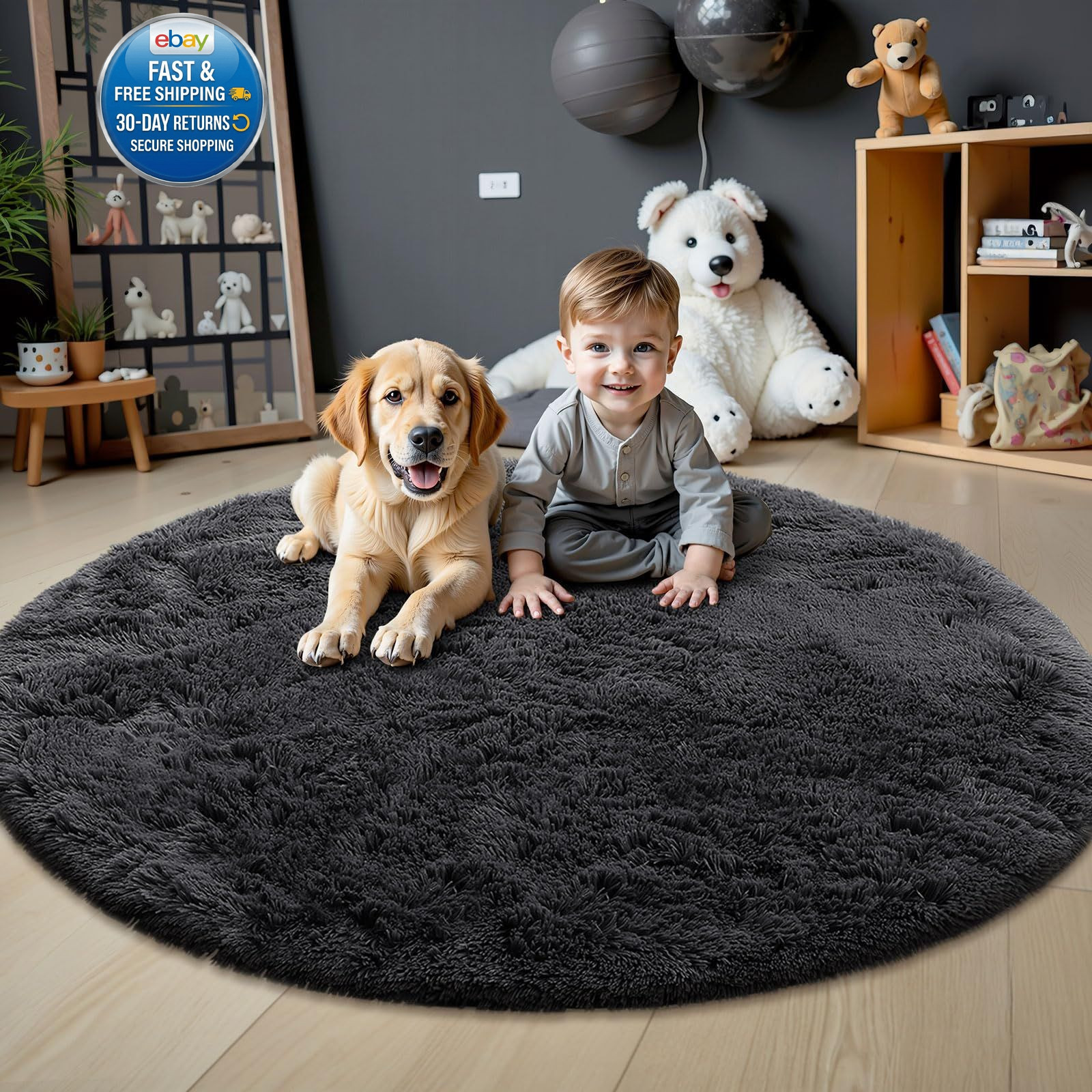 Black Round Rugs for Bedroom – Machine Washable, 4 4 Ft Round,