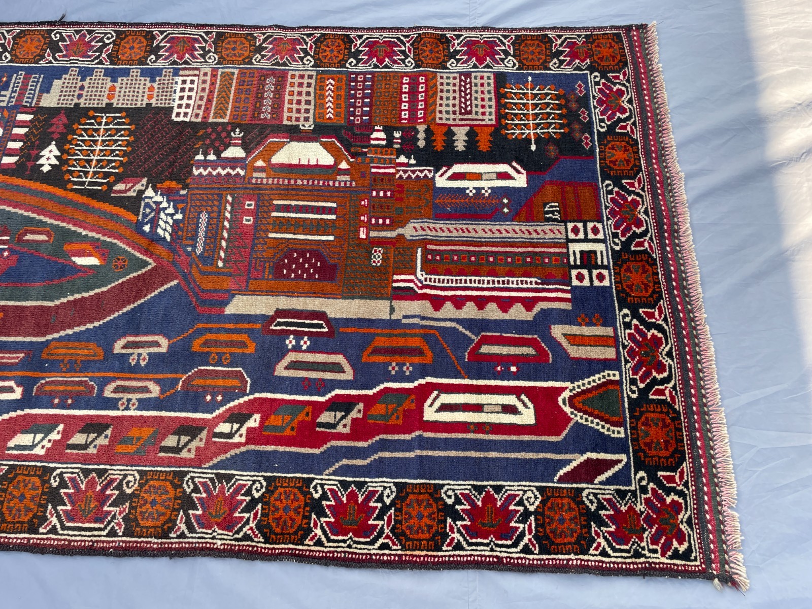 3×6 Afghan Pictorial War Rug Handmade Baluchi Wool City Scene Carpet With Road