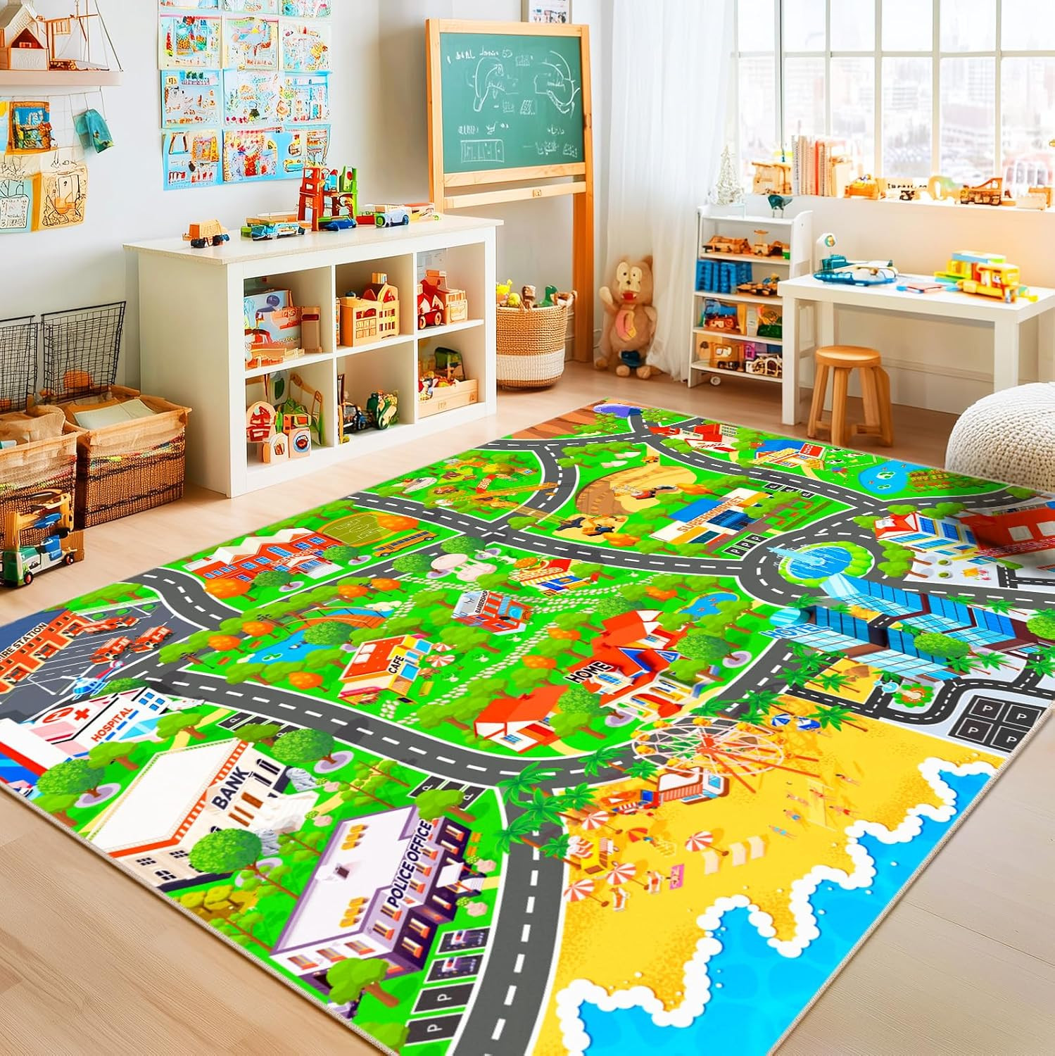 Kids Car Rug for Playroom Classroom, Town City 5X7 Area Rugs | Non Slip Playmat