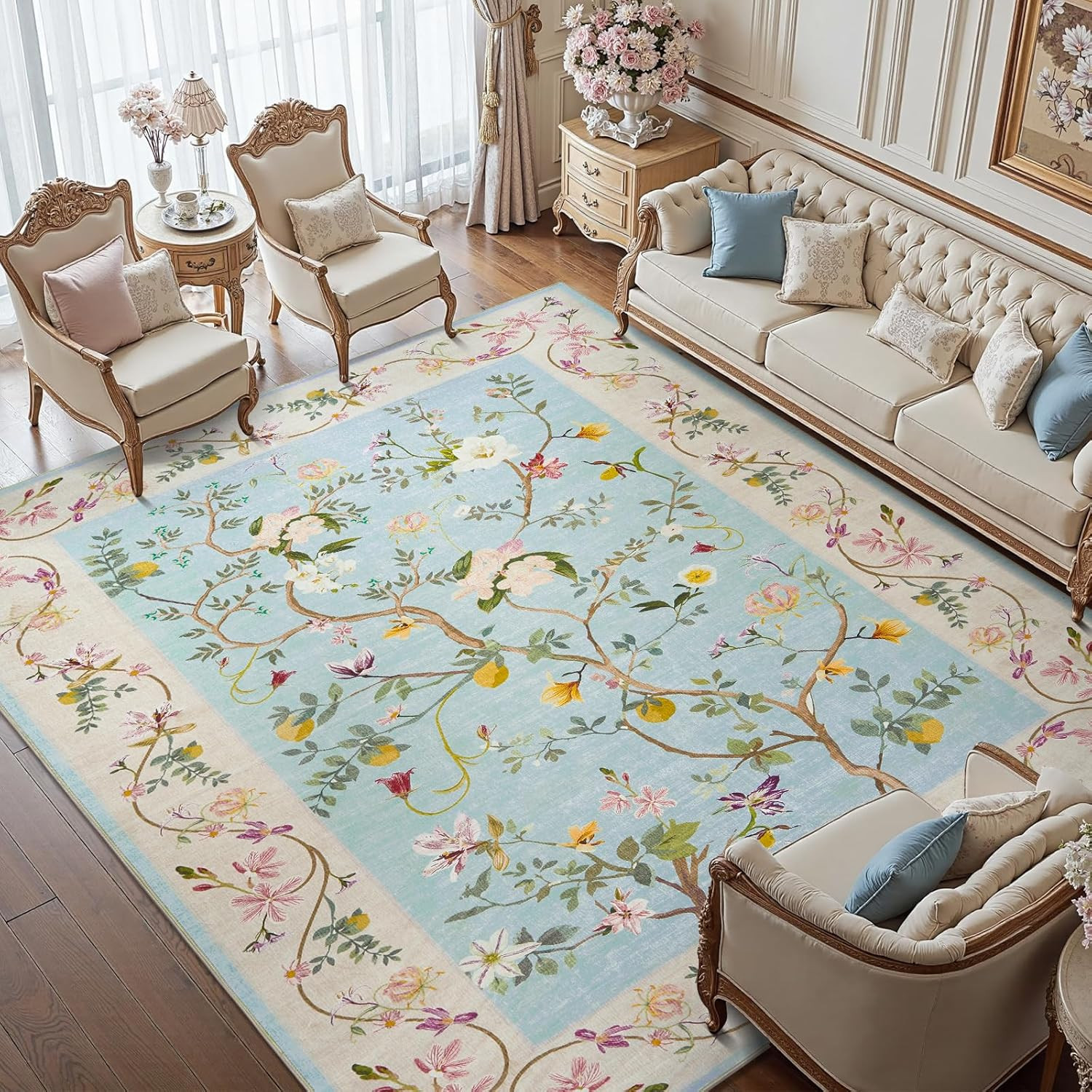 Floral Washable Area Rug 8×10 – Soft Non-Slip Boho Design for Home Decor