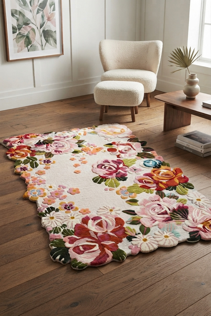 Floral Hand Tufted Wool Rug Modern Living Room Carpet Office Kitchen Area Rugs