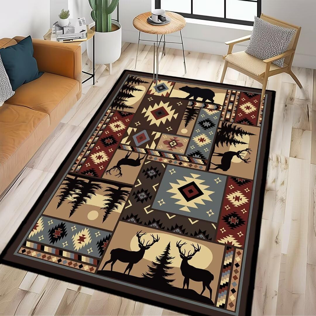 Rustic Wildlife Area Rug 3×5 Washable Cabin Decor for Home & Office