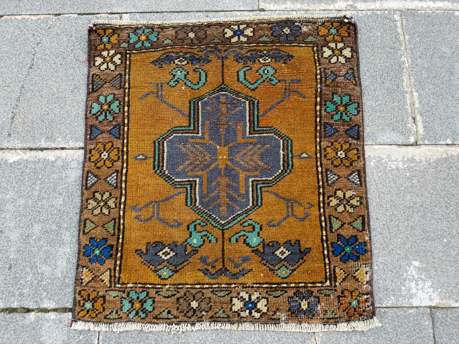 Vintage Oushak Rug 1.8×2 ft Mustard Yellow Turkish Boho Small Accent Rug