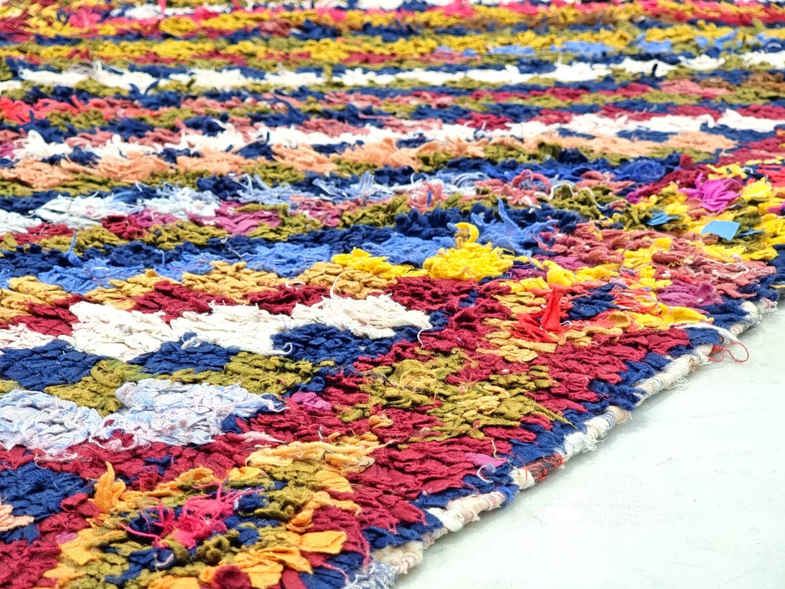 Moroccan Handmade Vintage Boucherouite2’8×9’1Berber Checker Red &Blue Cotton Rug