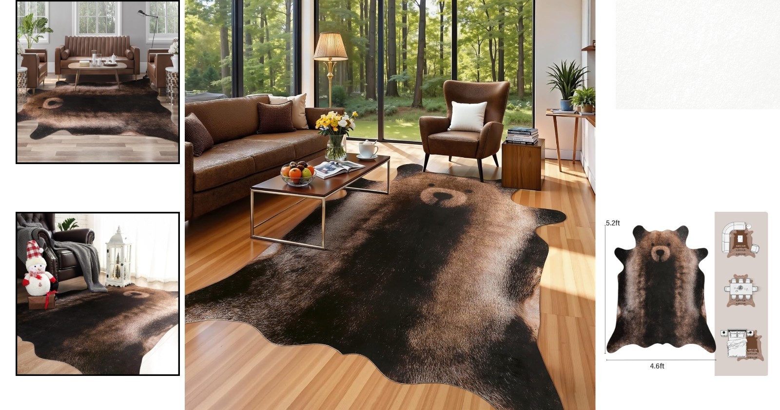 Machine Washable Faux Bear Rug 4.6×5.2 Ft – Elegant Wildlife Decor for Home