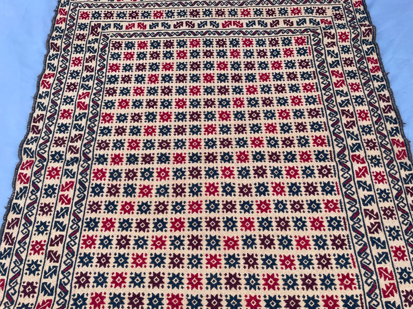 4×6 Ivory Afghan Kilim Rug with Repeating Star Motifs and Layered Tribal Borders