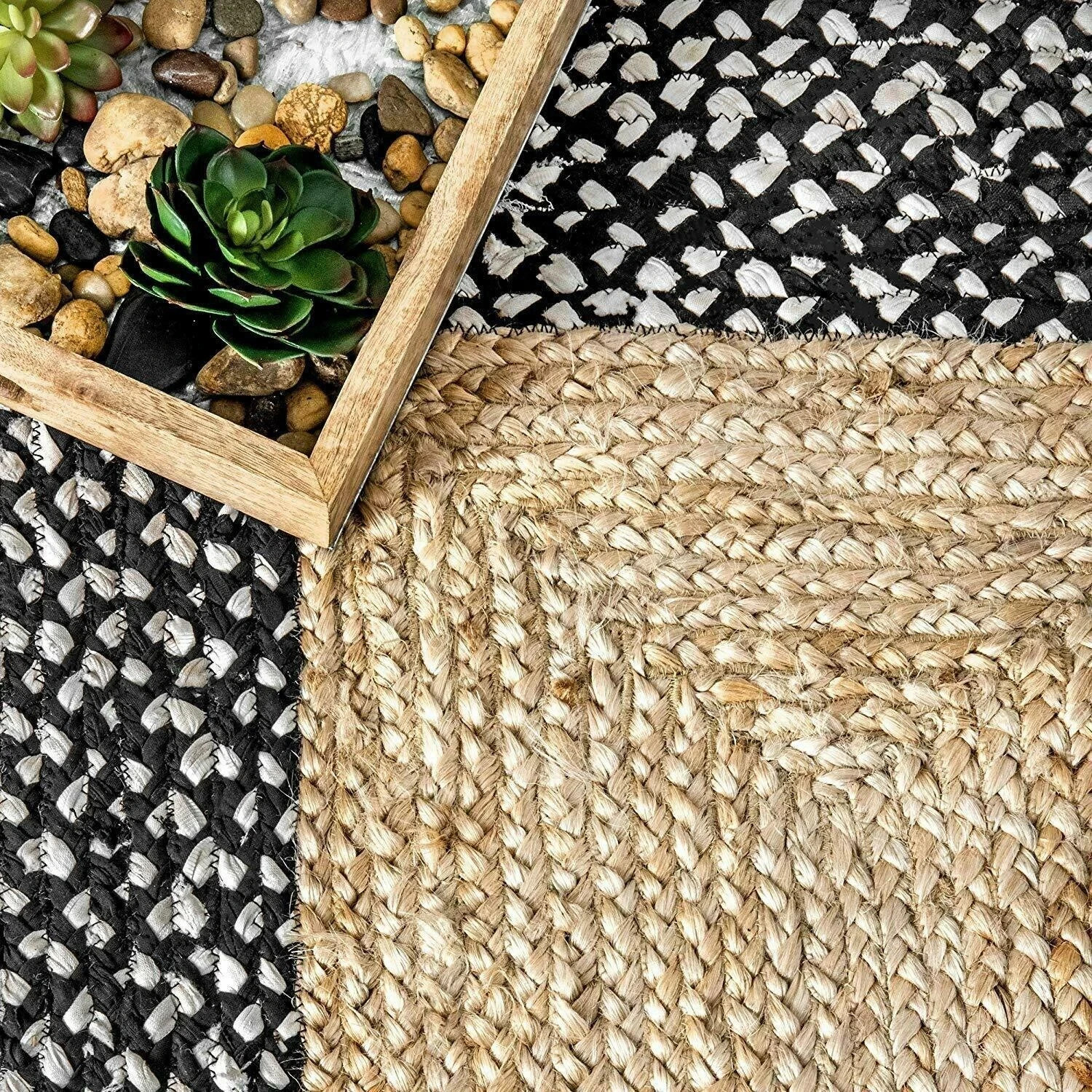 Braided organic area rug natural jute and chindi mix cotton bohemian rugs carpet