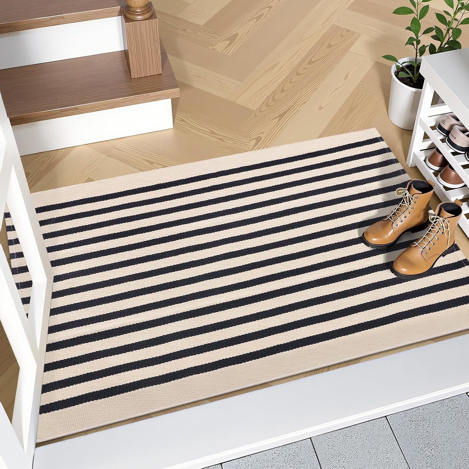 Beige and Black Striped Rug 2’4″ x 3’7″ 27.5″ x 43″ – Washable Cotton Doormat…