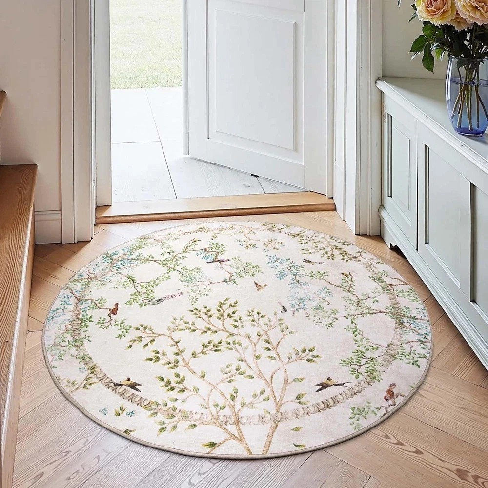 Round Rugs 4ft Ivory Botanical Birds Print Machine Washable 4′ Circle Nature …