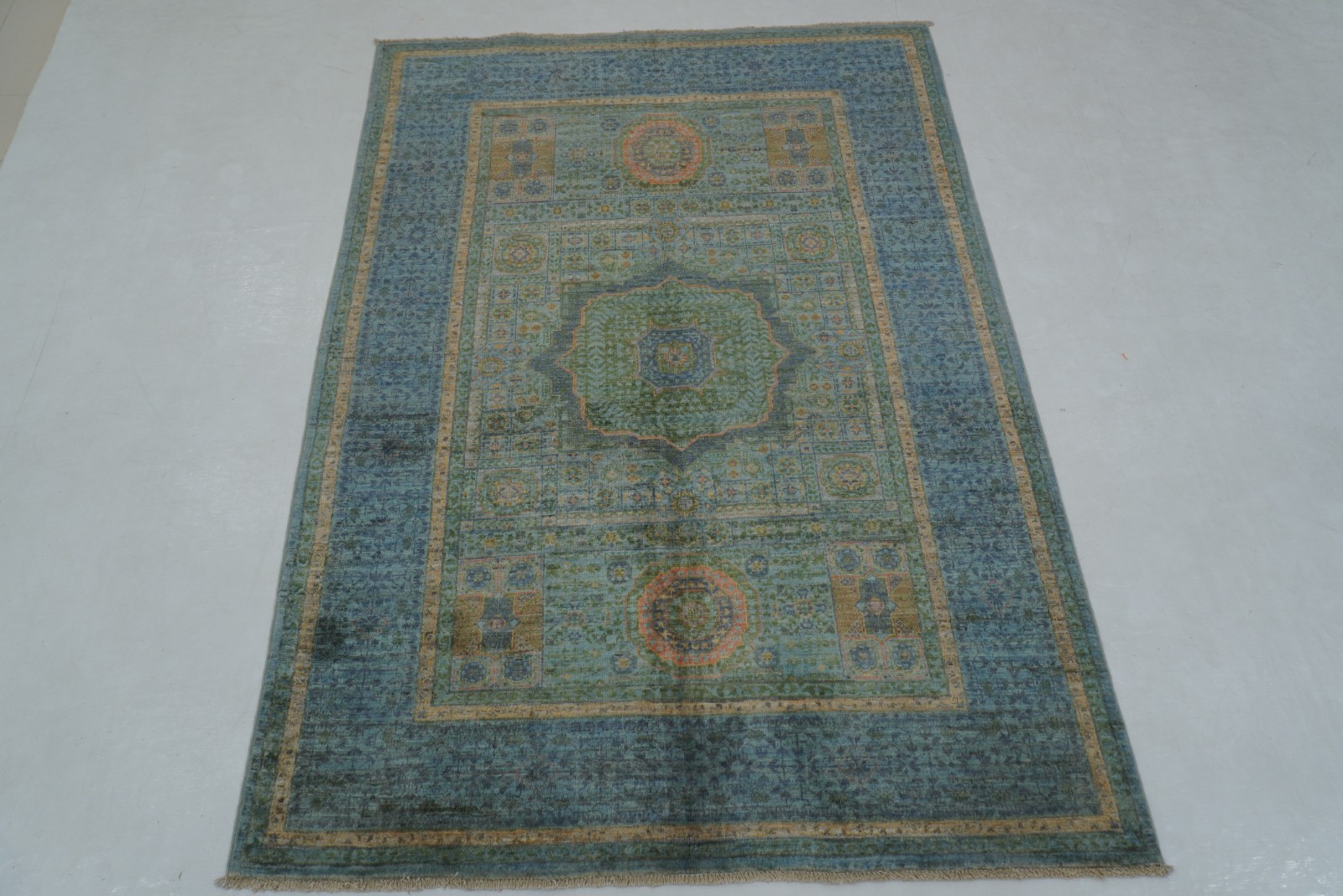 4×6 ft Blue Mamluk Afghan Hand Knotted Wool Medallion Rug
