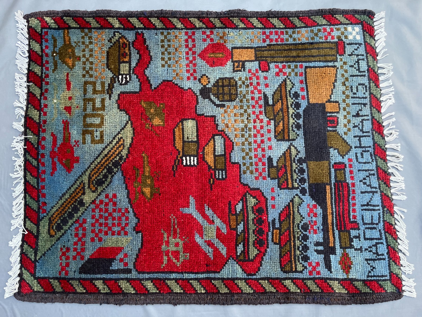 2’1 x 2’7 Ft Afghan War Rug – Pictorial Military Map Design Red Conflict Scene