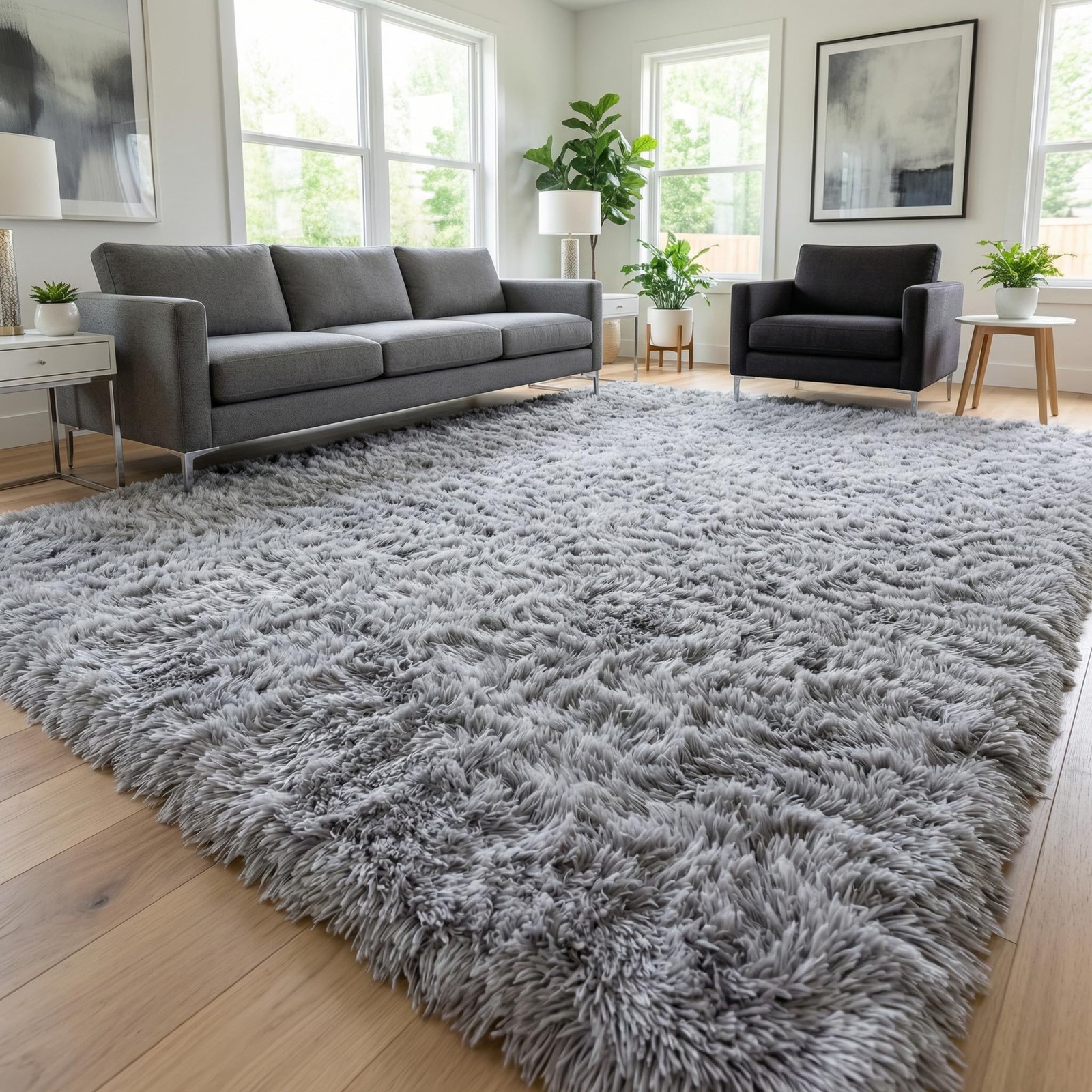 Soft Grey Shag Rug 7×10 Feet – Plush Non-Slip Carpet for Living Room & Kids Room