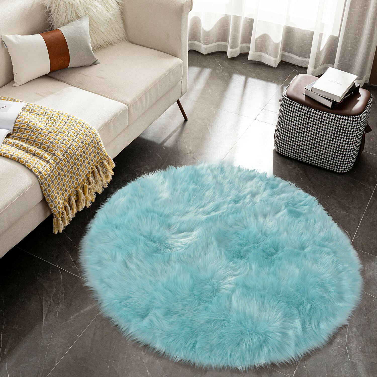 Faux Fur Sheepskin Fluffy Area Rugs Round Shaggy Carpet For Bedroom Living room