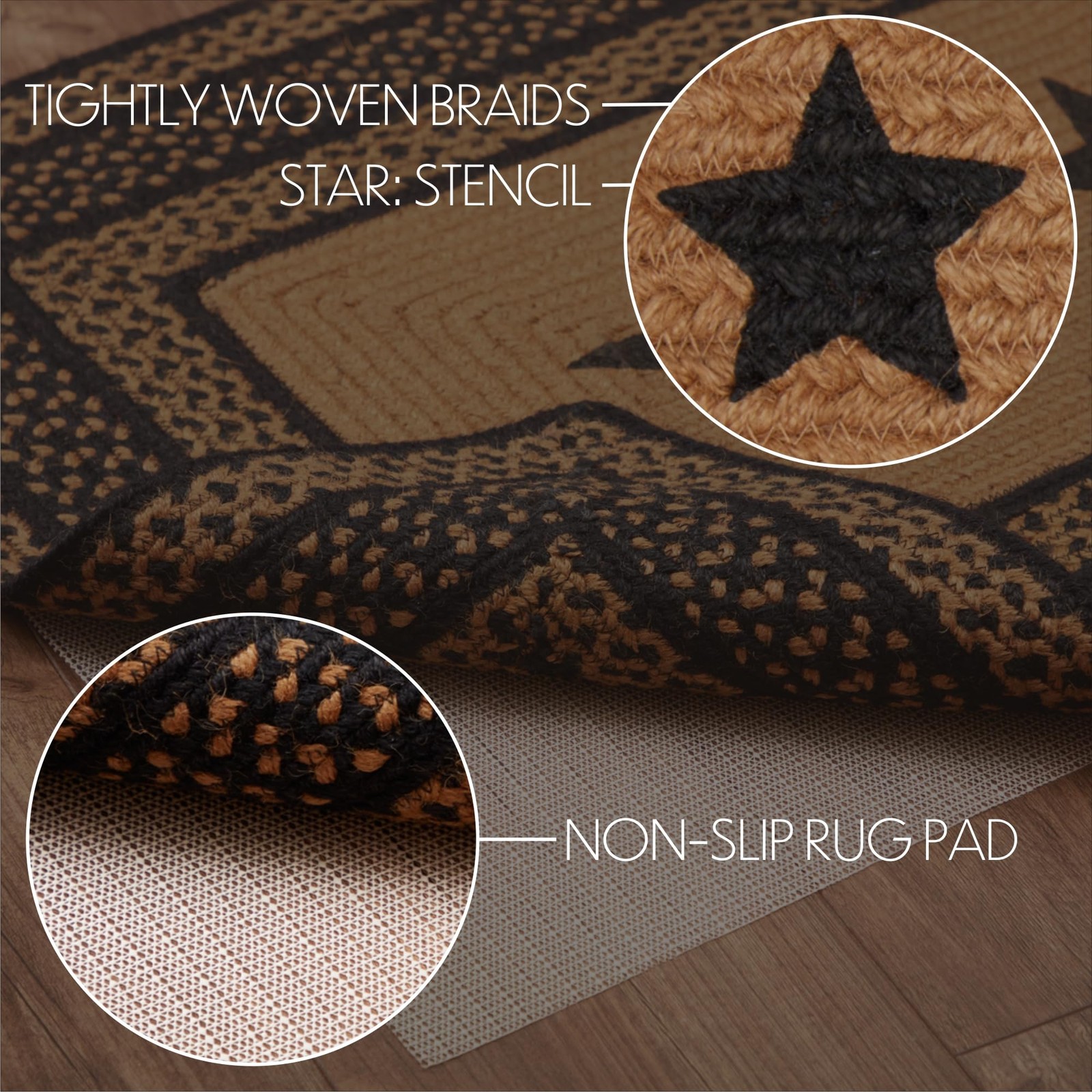 Farmhouse Primitive Jute Accent Rectangle Rug Stencil Stars w/Floor Pad 27×48