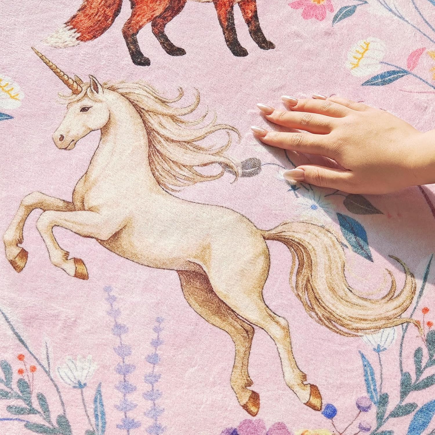 5Ft round Rug Washable Kids Rug Whimsical Playroom, Lavender Pink | Soft and Com