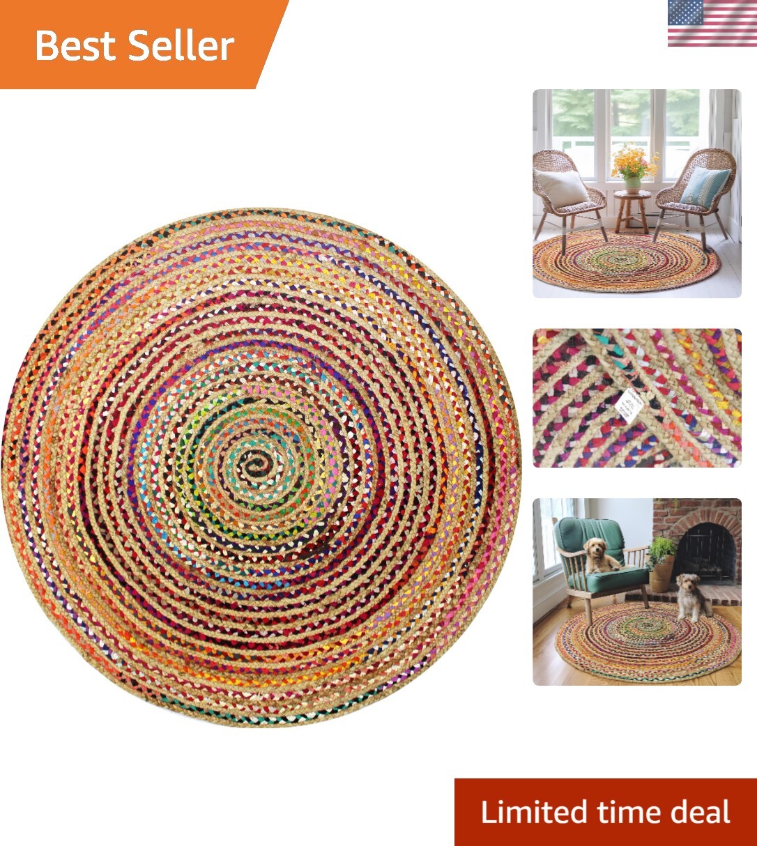 Jute Chindi Braid Rag Rug – Boho Farmhouse Rustic Area Accent Throw Rug – Han…