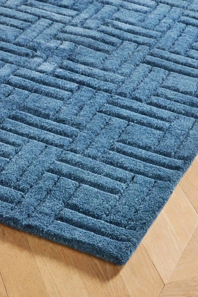 Hand-Tufted Wool Rug 8×10 Blue Geometric Handmade Area Rug for Living Room 9×15