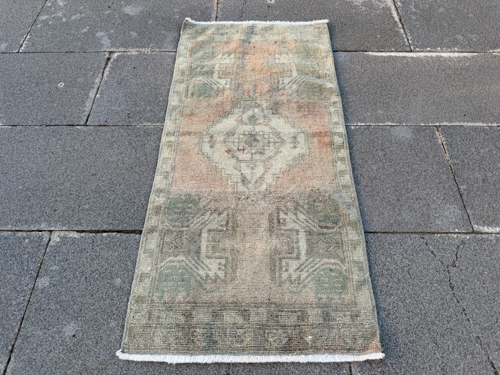 Small Vintage Oushak Rug 1.5×3.2 ft Hand Knotted Turkish Wool Pastel Accent Rug