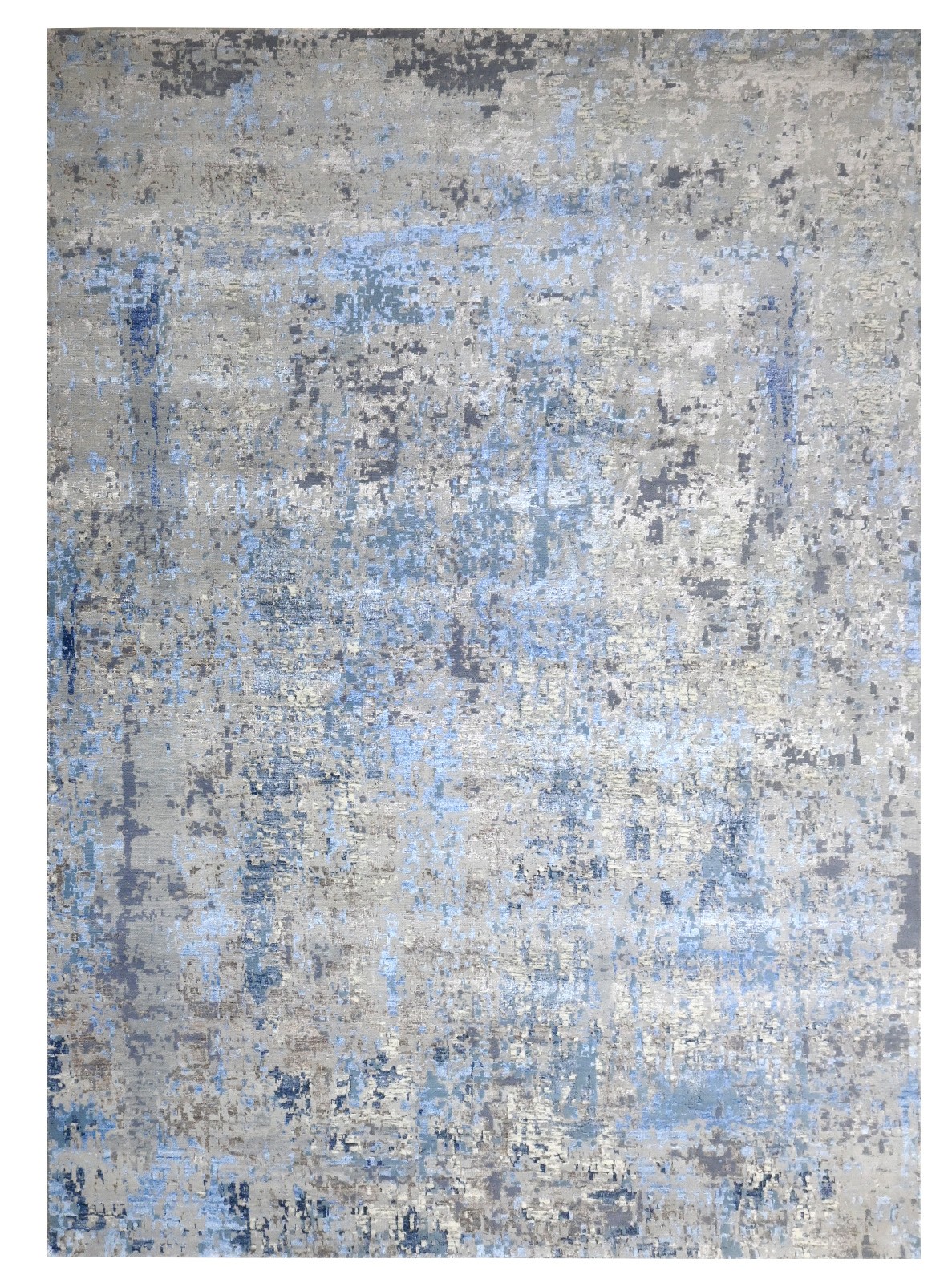 Silver Blue Hand Knotted Oushak Wool Area Rug, Modern Abstract Distressed Design