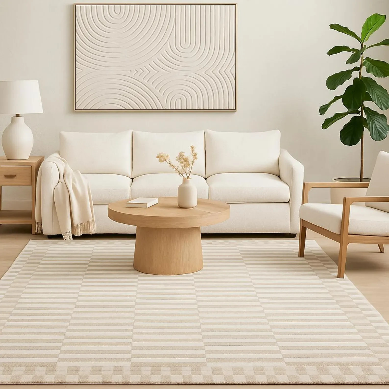 Hand-Tufted Loop & Cut Pile Area Rug – Contemporary Beige Ivory Stripe Design