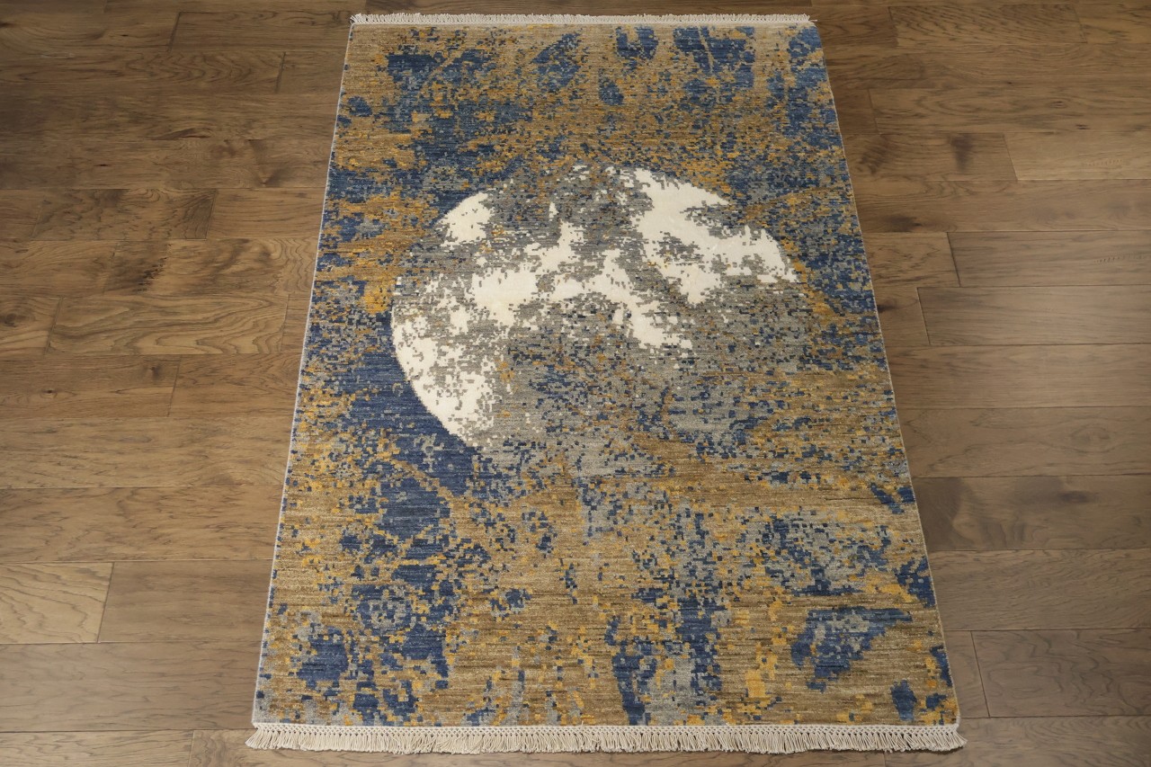 4×6 Abstract Area Rug Hand Knotted Wool Silk in Blue & Gold Brown Hues