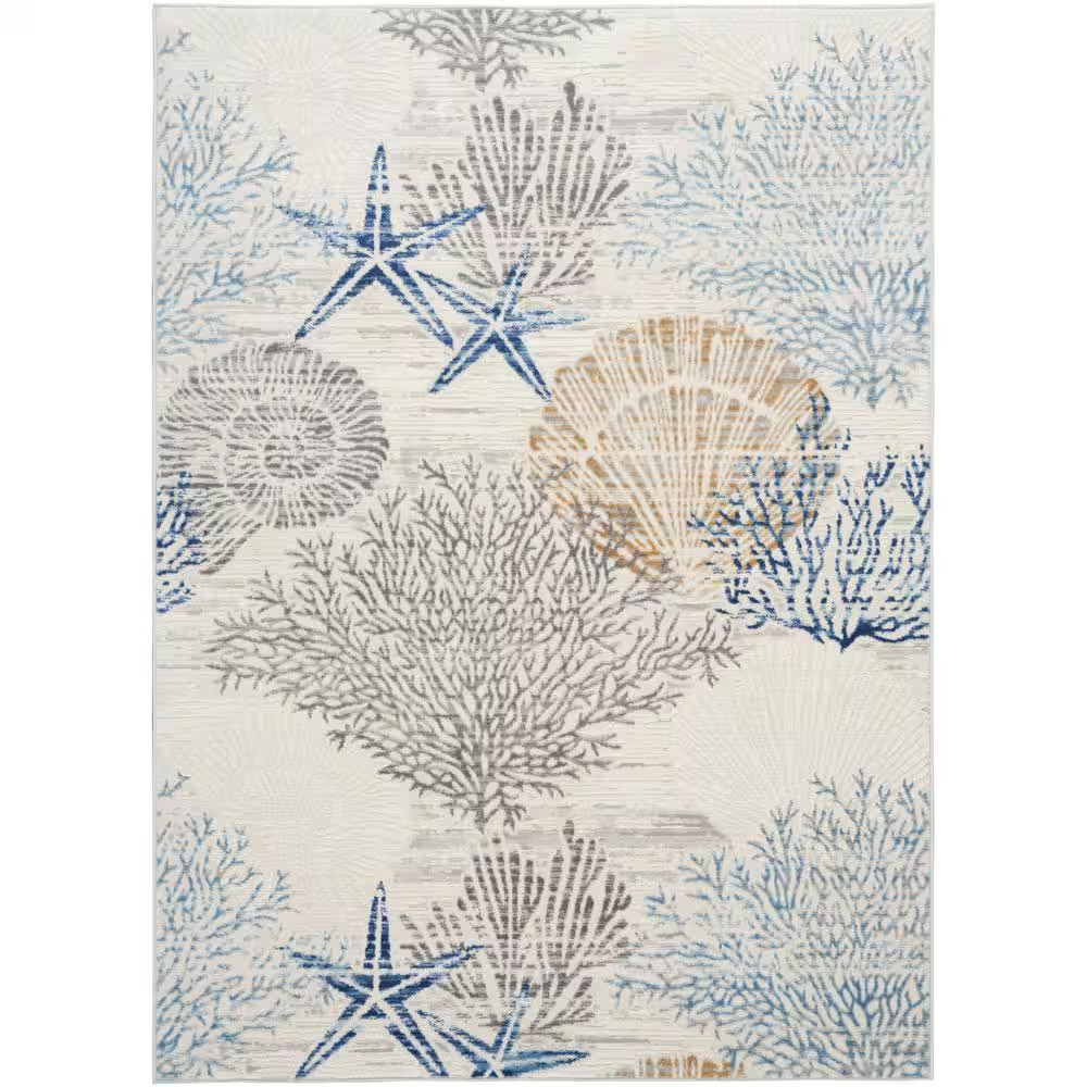Pompeii Ivory Grey Blue 6 Ft. X 9 Ft. Floral Abstract Coastal Contemporary Area