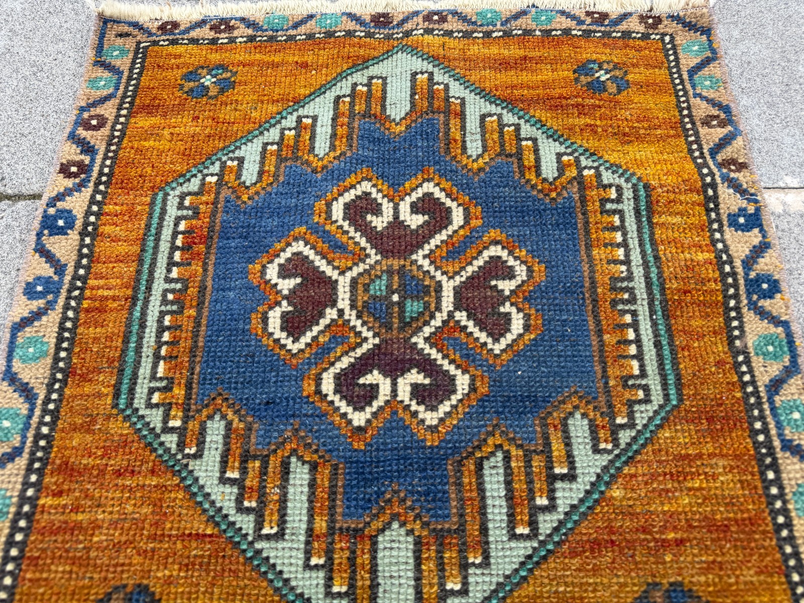 Vintage Oushak Square Rug 1.9×1.9 ft Mustard Orange Turkish Boho Accent Rug
