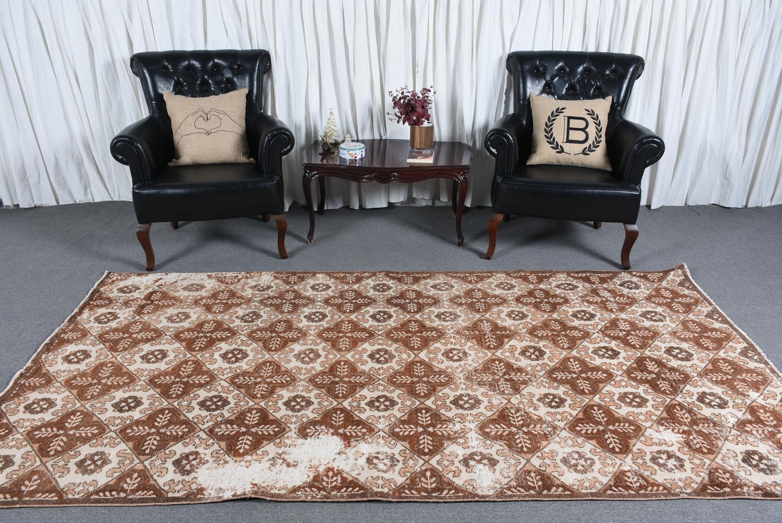 Vintage Rug, 4,8×9,4 ft Turkish Rug, Brown Camouflage Wool Rug