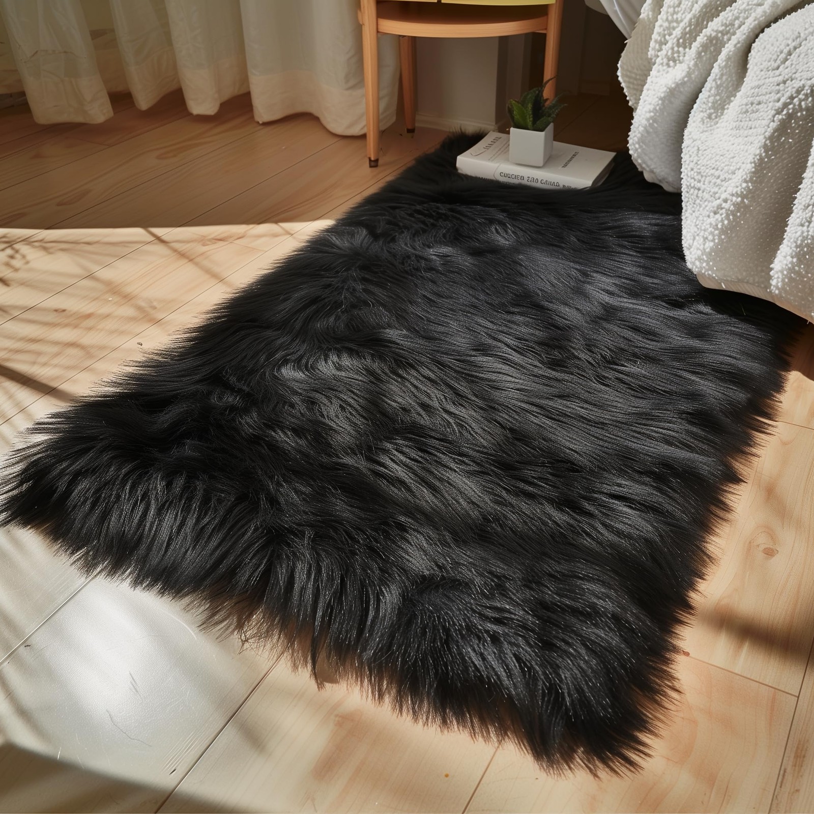 New Goolela Black Sheepskin Rug 3×5 for Bedroom Fluffy Faux Fur Furry Shag Plush