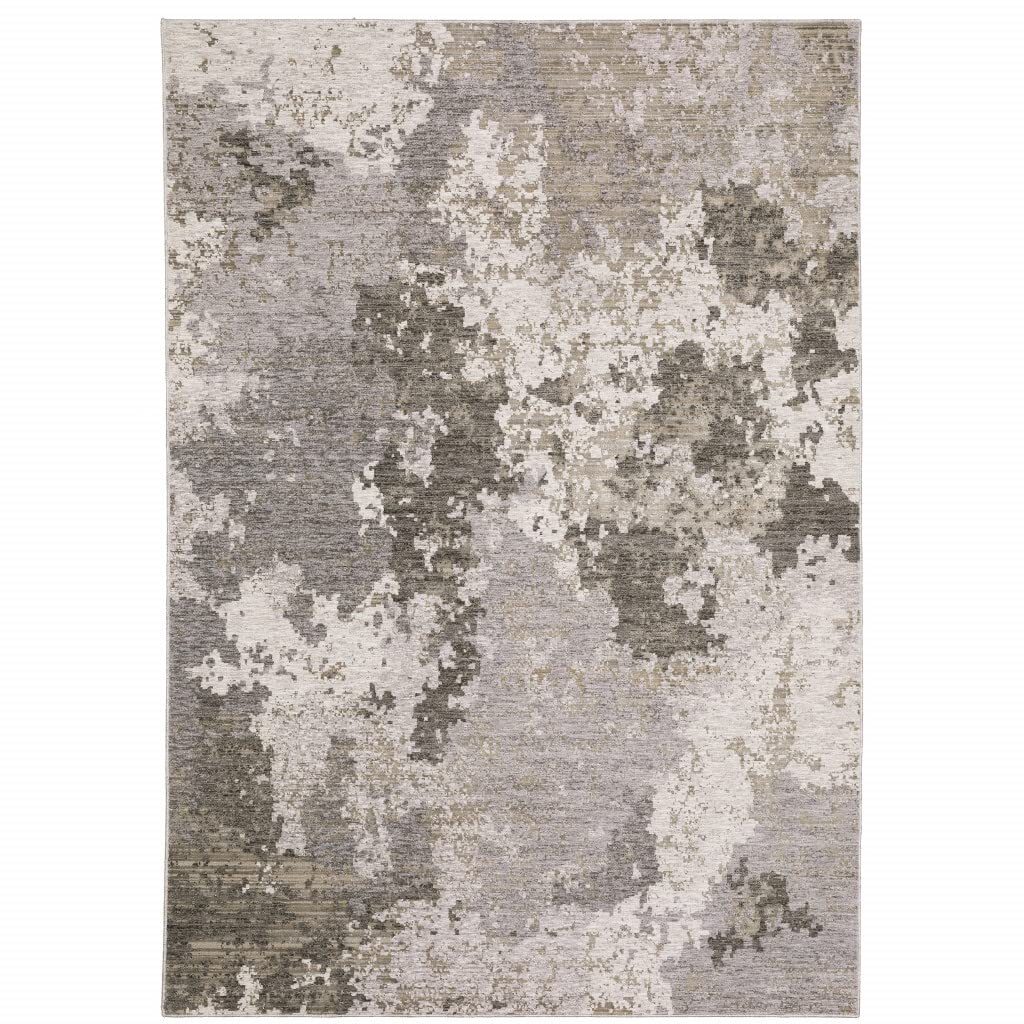 8′ X 11′ Grey Ivory Beige Tan Brown And Black Abstract Power Loom Stain