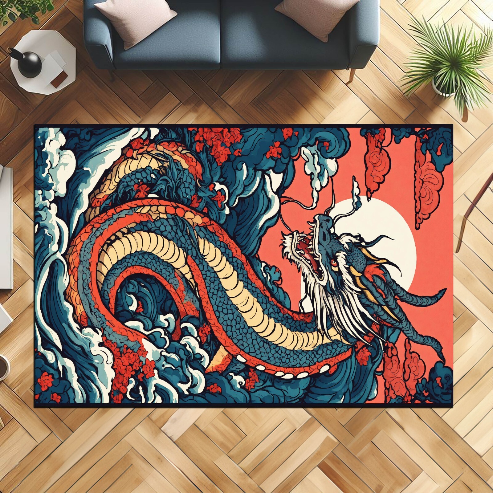 Dragon Rug, Japanese Dragon Rug, Blue Rug, Animal Rug, Animal Decor Rug, Living