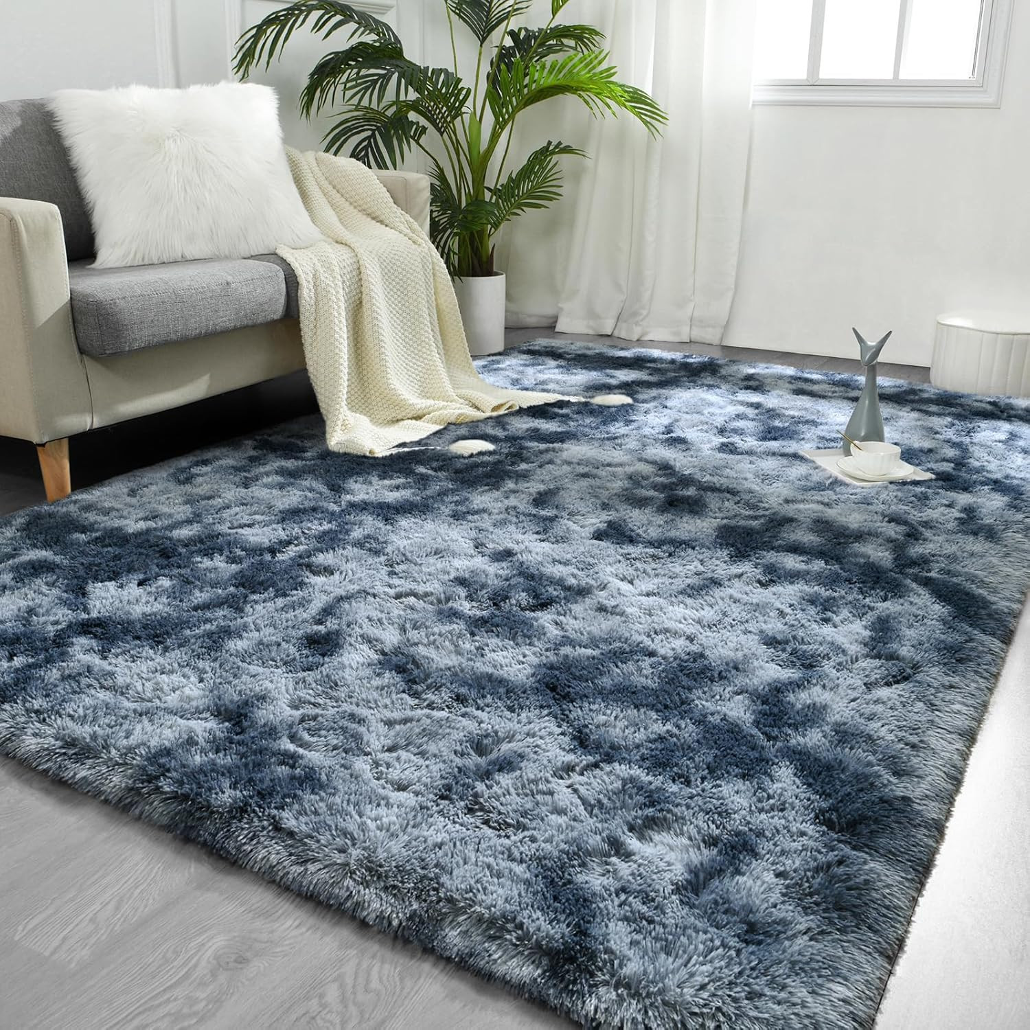 Large 6×9 Feet Tie-Dyed Blue Grey Shaggy Rug – Ultra Soft Plush Carpet