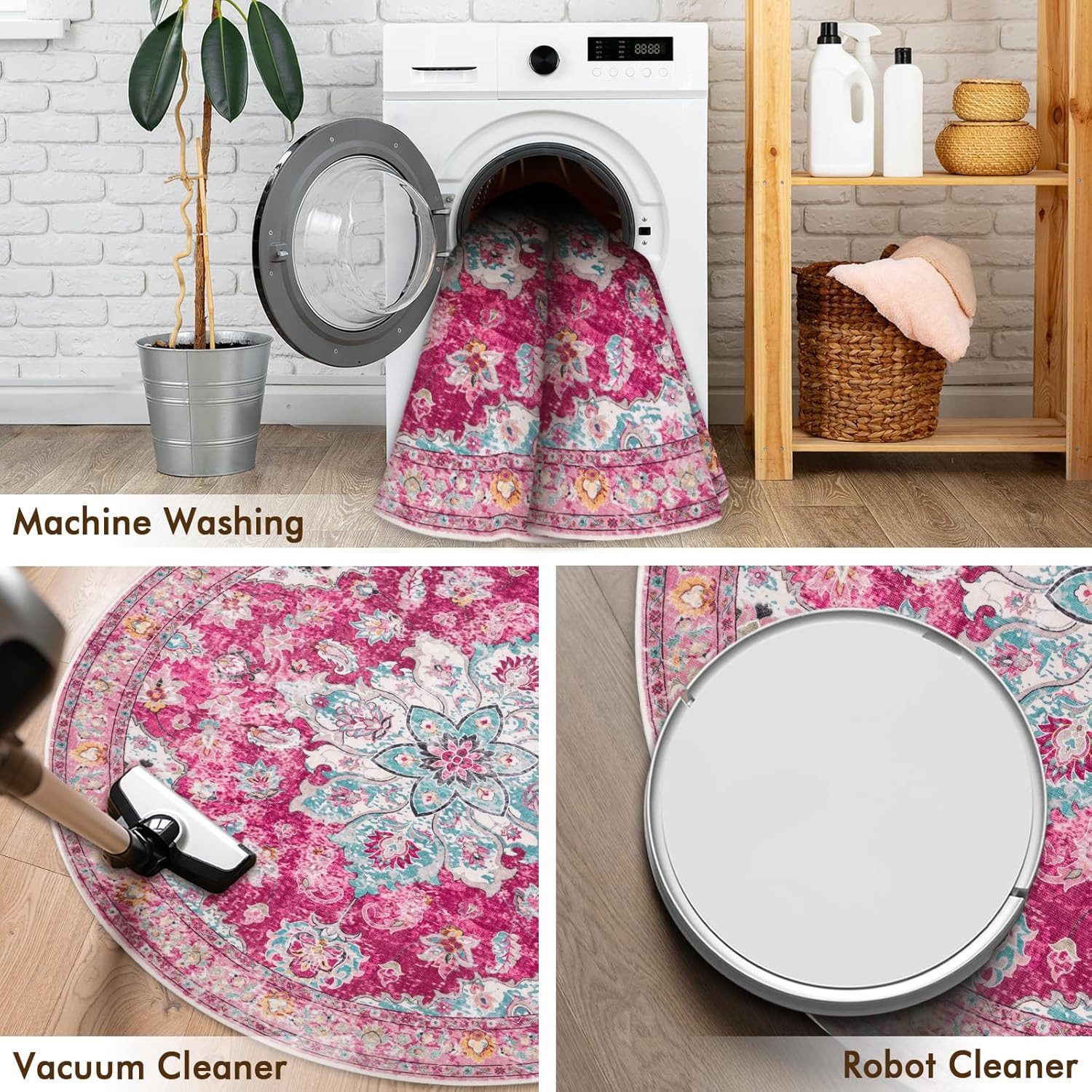 6′ Machine Washable Boho Round Area Rug – Non-Slip Rose Red for Any Room
