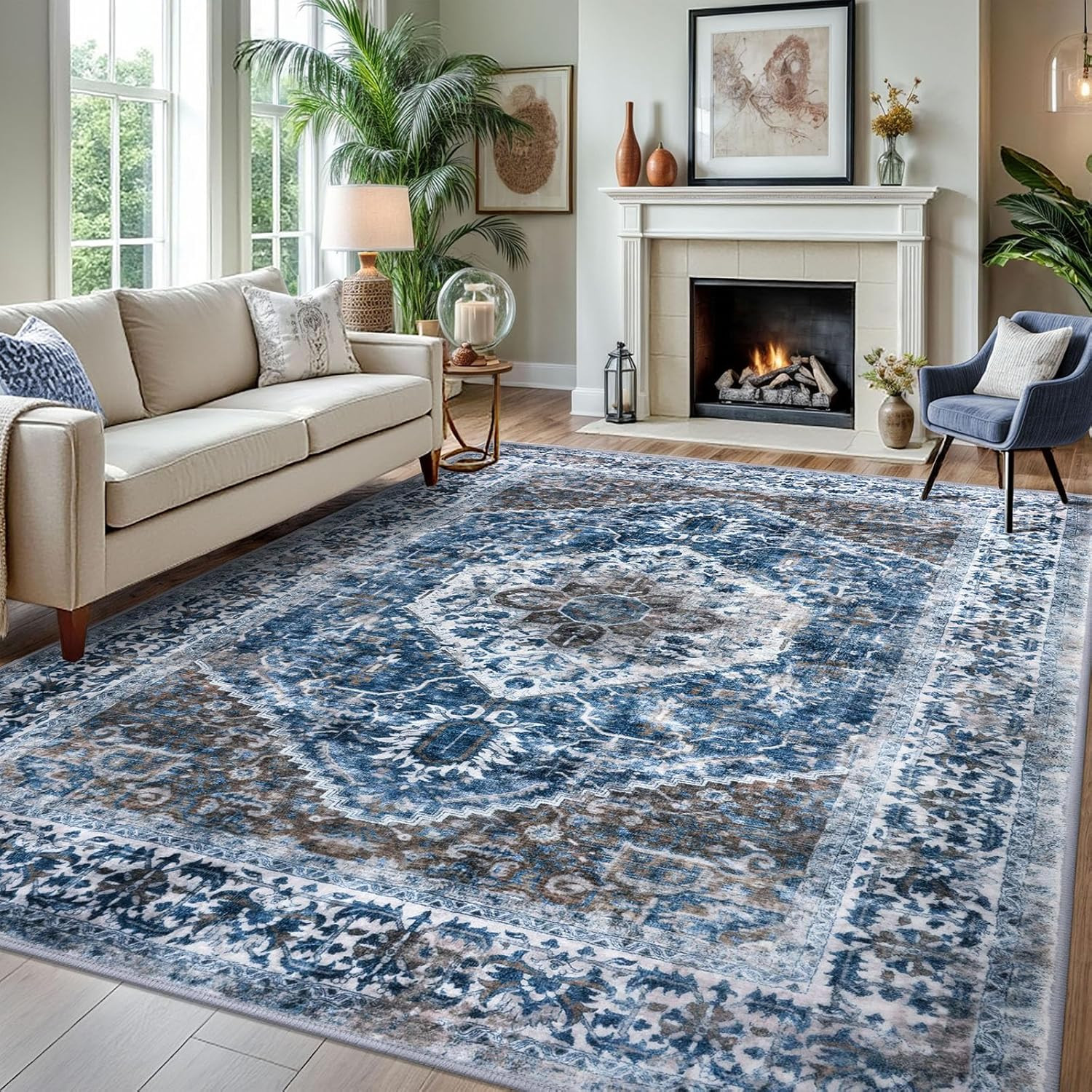 Boho 8×10 Area Rug – Washable Non-Slip Vintage Carpet for Living Room & Bedroom
