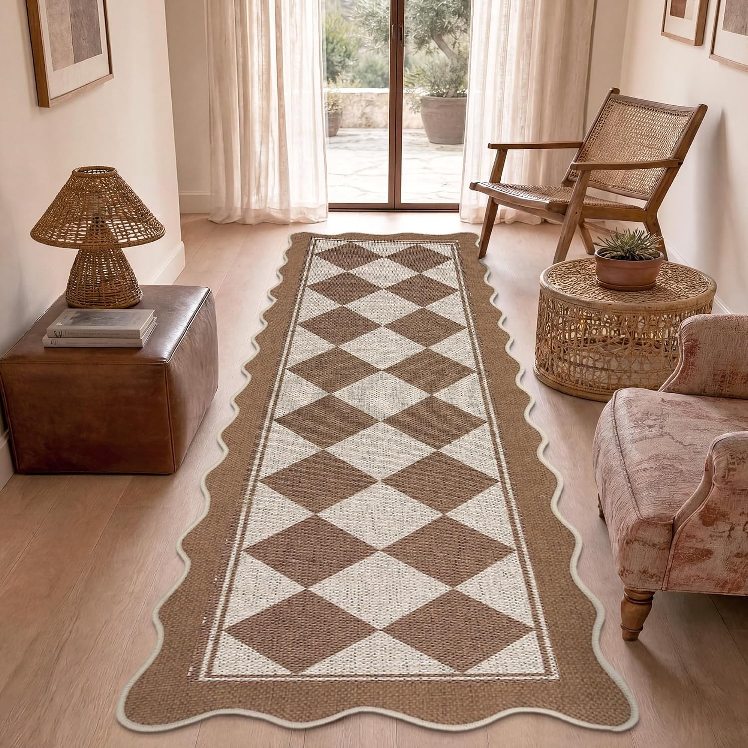 Scalloped Checkerboard Black White 5×7 Jute Washable Area Rug Living Room Patio