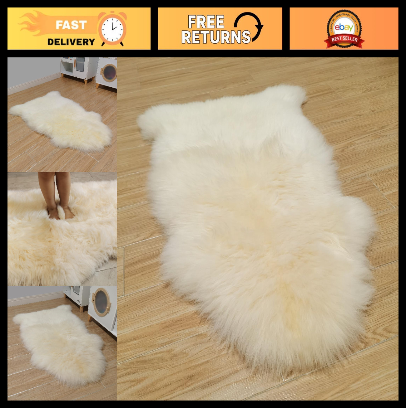 Genuine Australian Sheepskin Rug, Real Lambskin Area Rug 2×3 ft, Natural White P