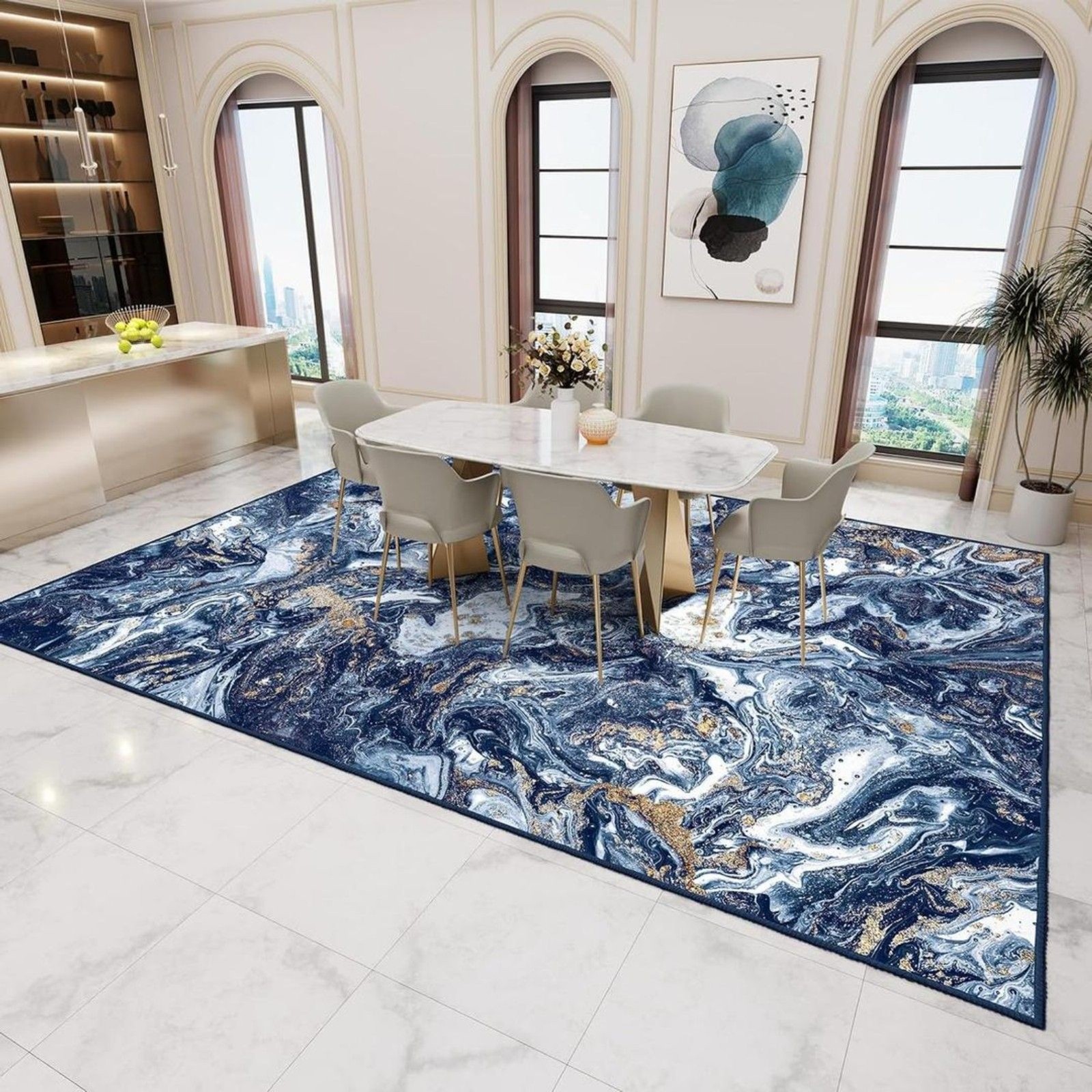 Brand New Gembed Dark Blue & Gold Modern Washable Area Rug – 4′ × 6′