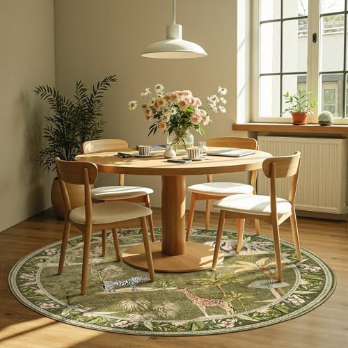 Round Rug 6ft Green Jungle Animals Print, Machine Washable 6′ Circle Modern
