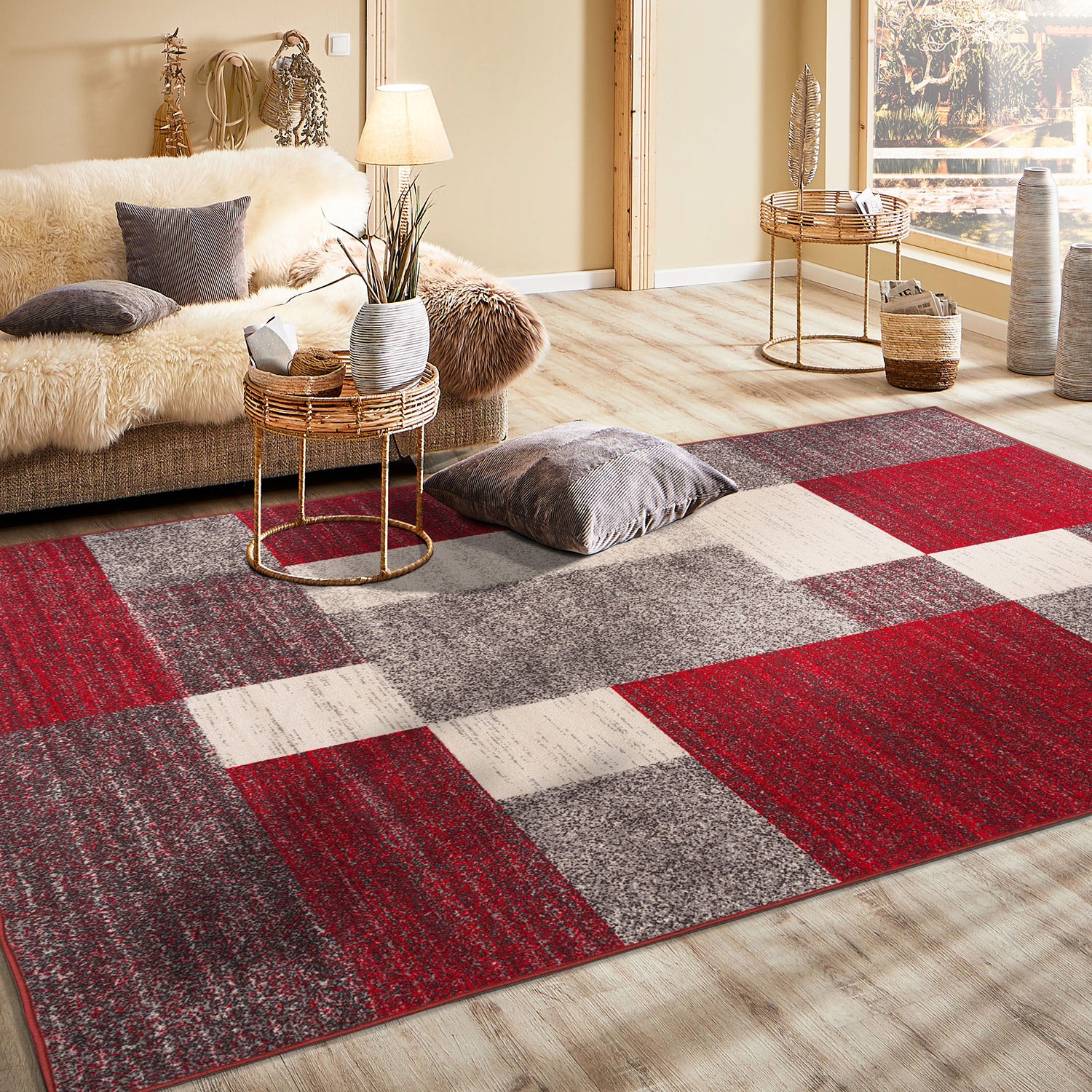 Rugshop Area Rug Modern Boxes Design Non-slip Dining Room Carpet Red 5×7 Rugs