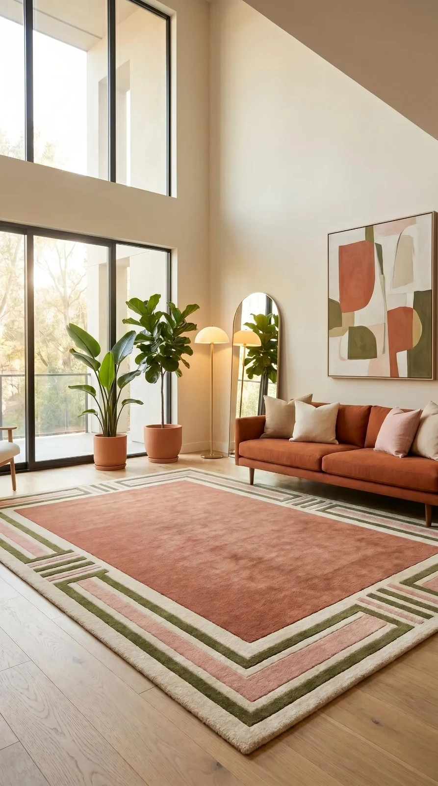 Hand Tufted Wool Rug 9×12 Large Modern Geometric Border Rug, Terracotta Area Rug