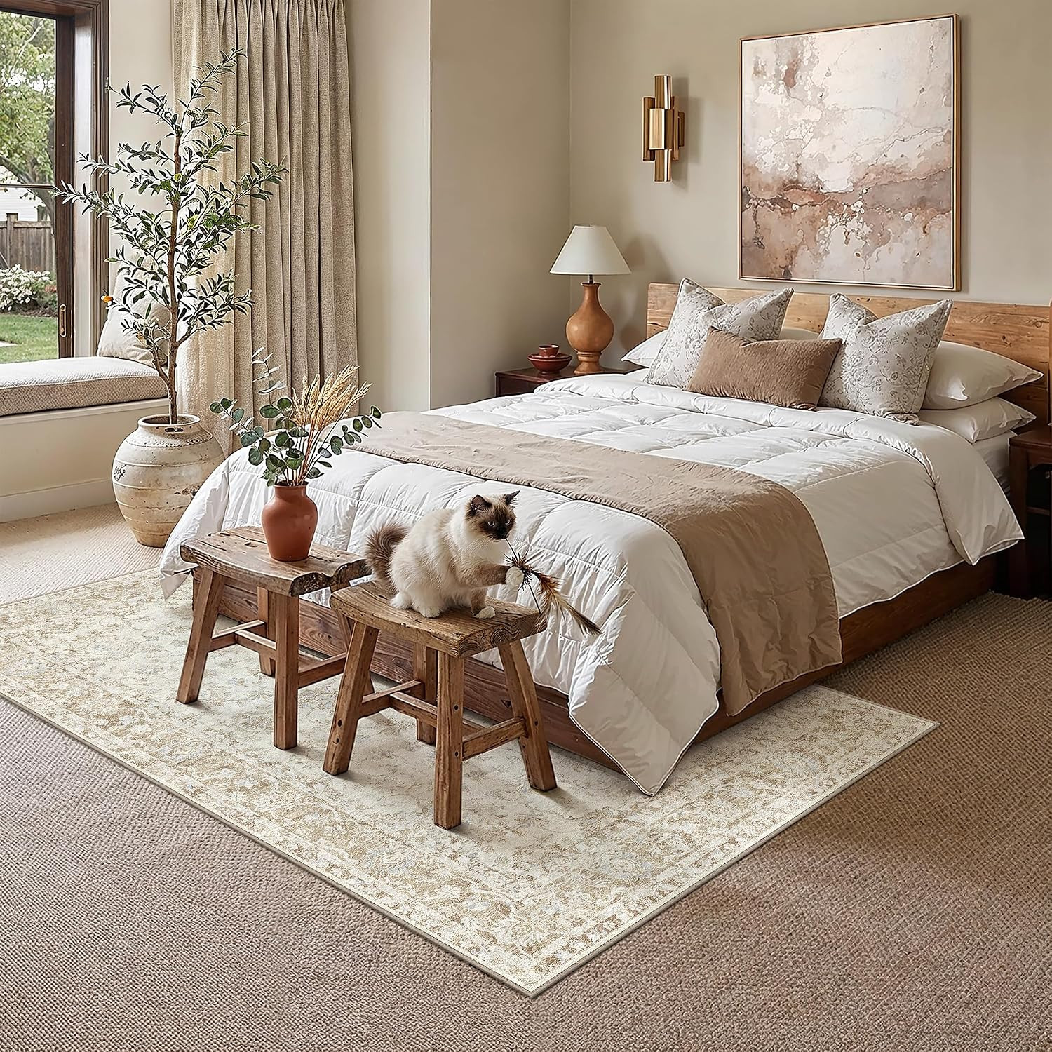 8X10 Beige Neutral Floral Living Room Area Rug | Washable, Soft, Non Slip, Low P