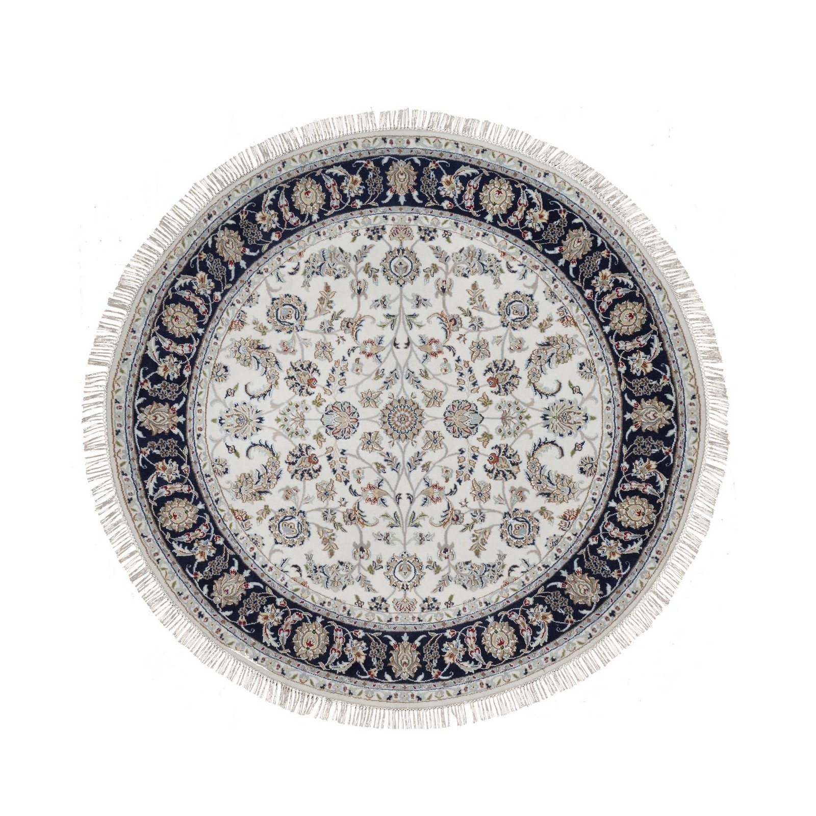 6’2″x6’2″ Ivory Nain Flower Design Wool and Silk Hand Knotted Round Rug R91581