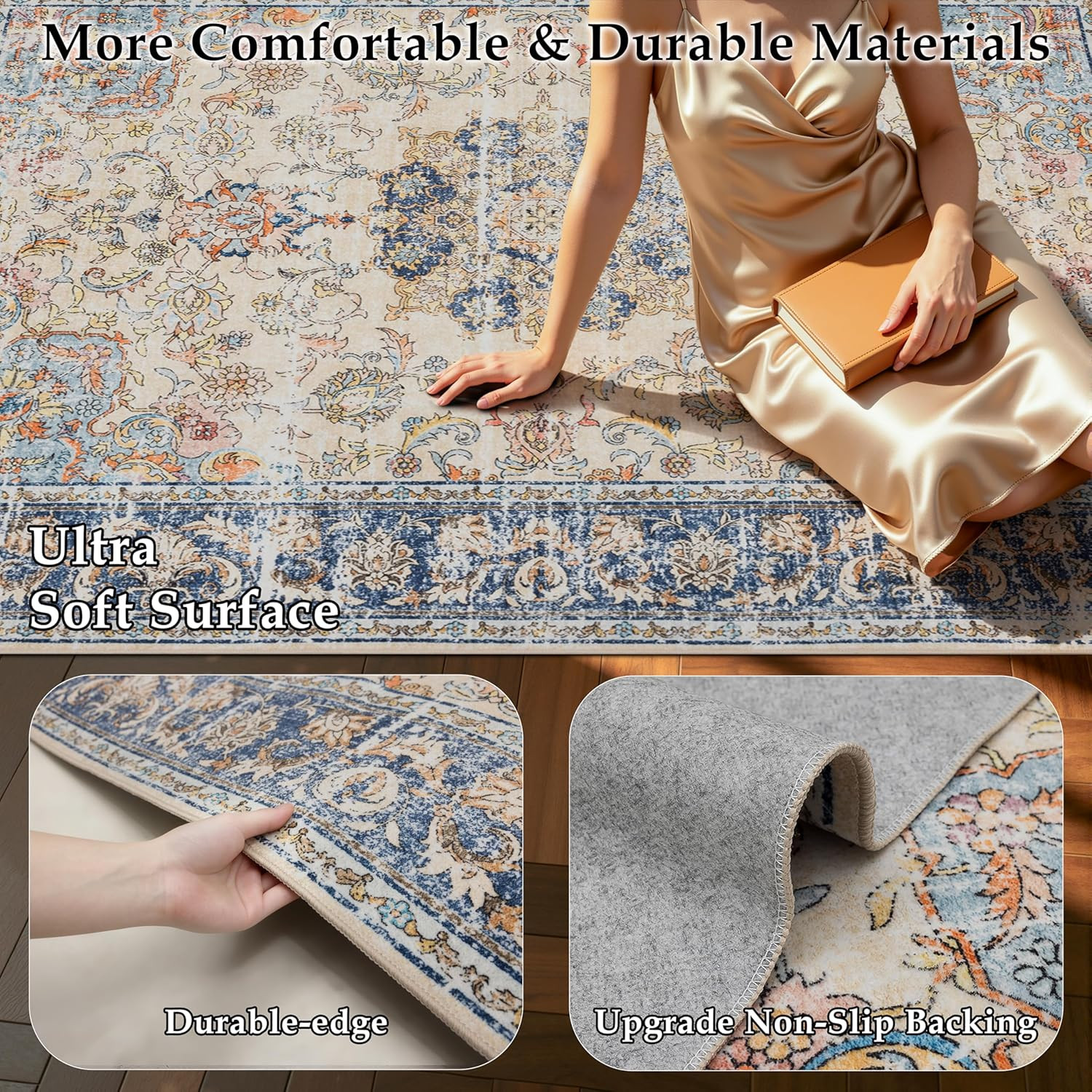 Ultra Soft Non-Slip Area Rug 8’×10′, Washable, Pet & Kid Friendly, Navy Brown