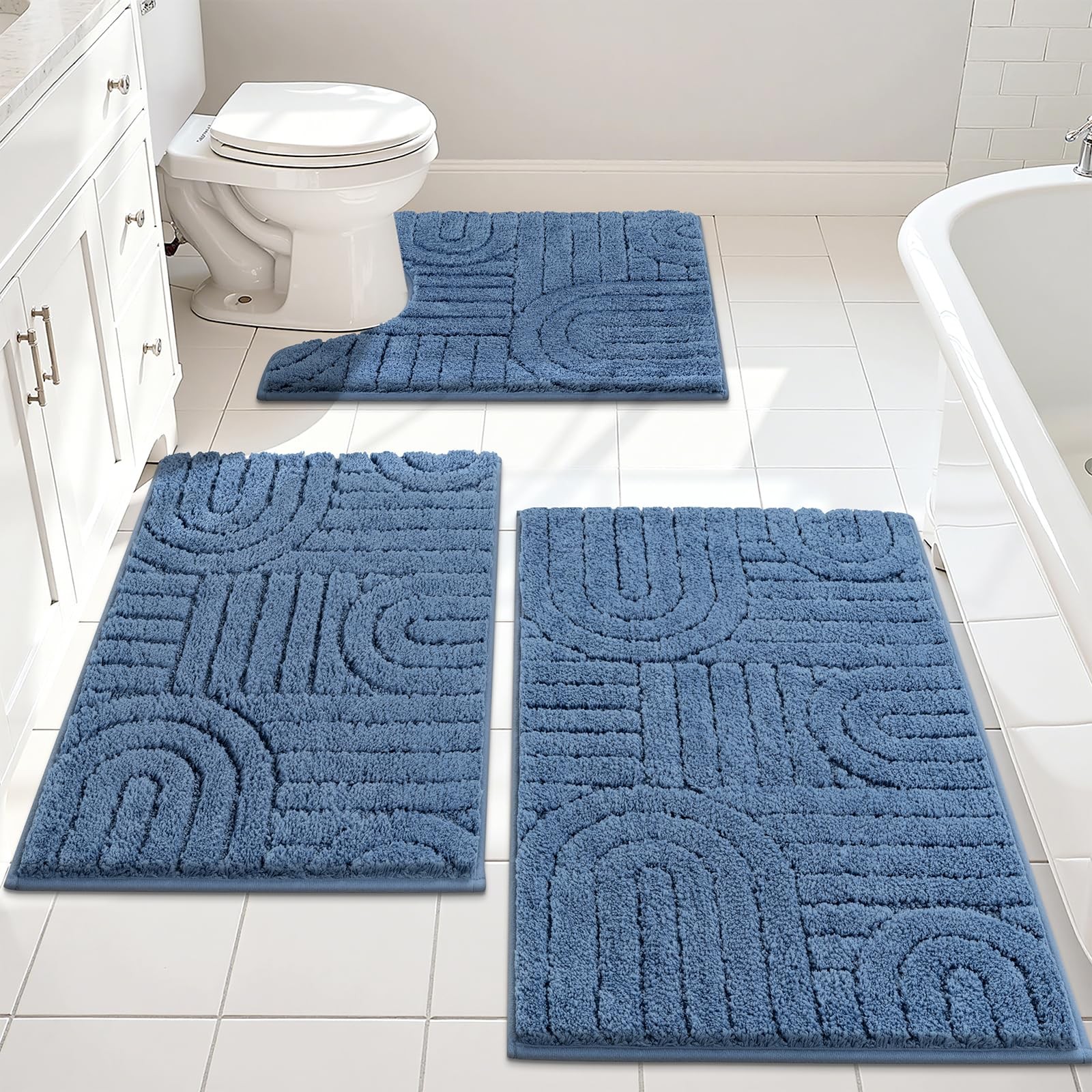 Vaukki Blue Bathroom Rugs Sets 3 Piece, 18”x26”+20”x32”+20”x24”,